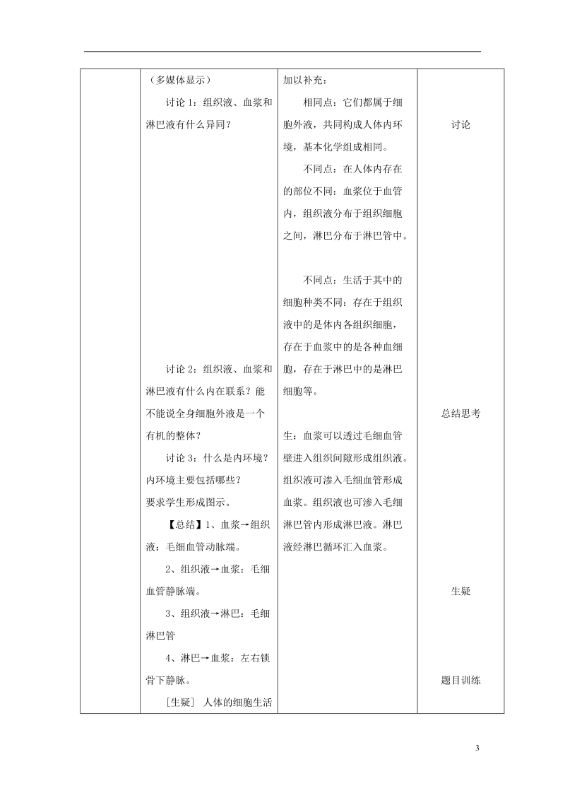 高中生物 第一章 人体的内环境与稳态 第1节 细胞生活的环境教案 新人教版必修3.doc_第3页