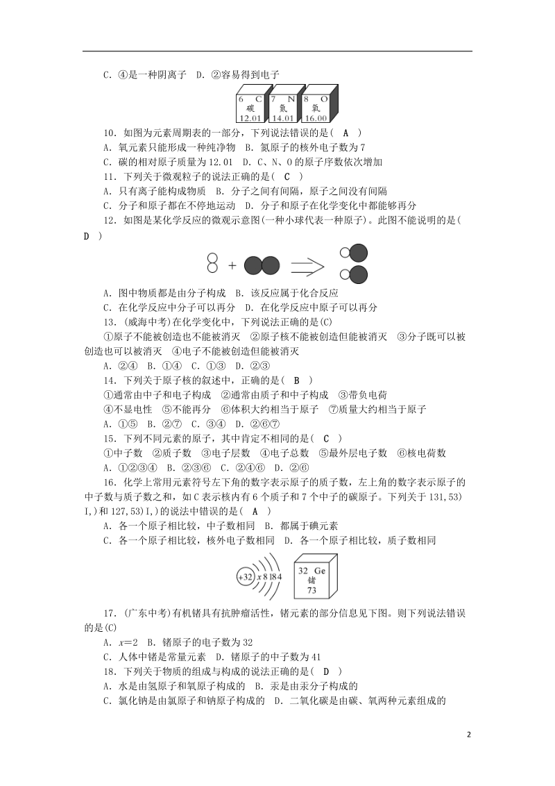 2018年秋九年级化学上册 第3单元 物质构成的奥秘综合测试题2 （新版）新人教版.doc_第2页