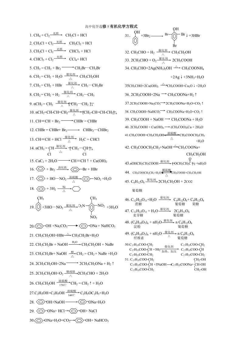 高二化学选修5有机化学方程式汇总.doc_第1页