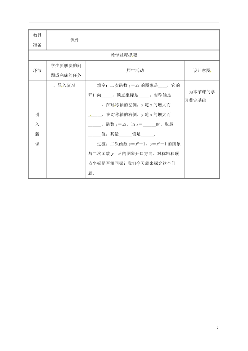 湖南省益阳市资阳区迎丰桥镇九年级数学上册第二十二章二次函数22.1.3二次函数y＝ax_h2+k的图象和性质1教案新版新人教版.doc_第2页