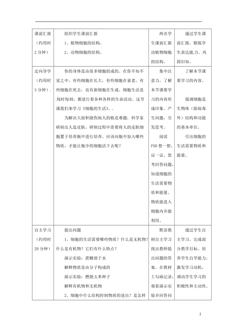 安徽省合肥市长丰县七年级生物上册2.1.4细胞的生活教案3新版新人教版.doc_第2页