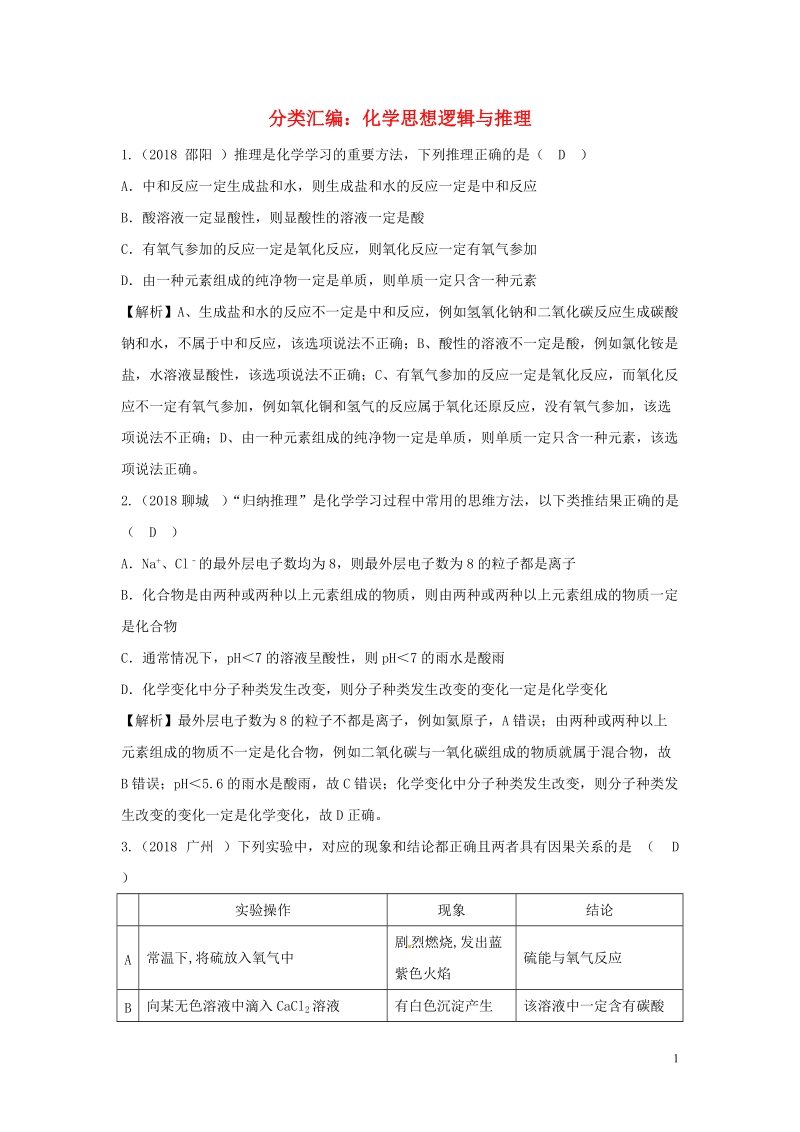 2018中考化学题分类汇编 化学思想逻辑与推理（含解析）.doc_第1页