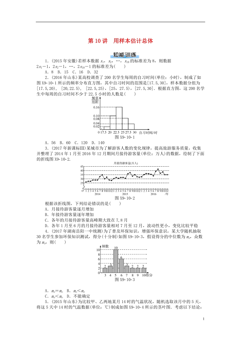 2019版高考数学一轮复习第九章概率与统计第10讲用样本估计总体课时作业理.doc_第1页