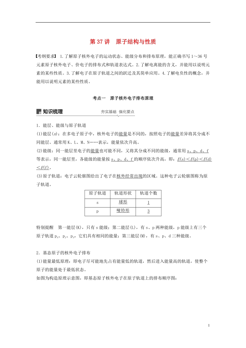 2019版高考化学一轮复习第十二章有机化学基础第37讲原子结构与性质学案.doc_第1页