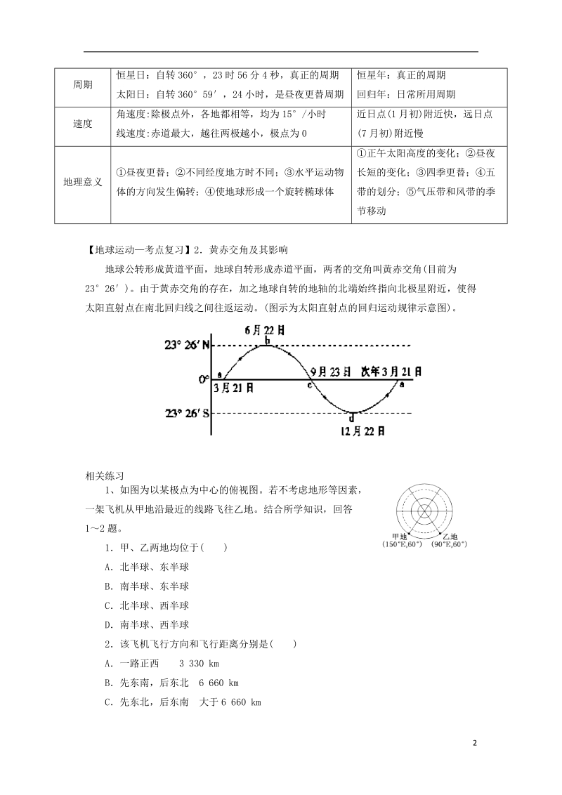 2019高考地理一轮复习 专题 地球运动（1）导学案.doc_第2页