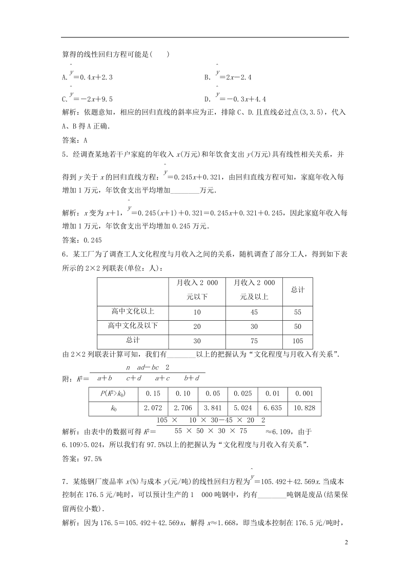 2019届高考数学一轮复习 第十章 算法初步、统计、统计案例 第四节 变量间的相关关系与统计案例课时作业.doc_第2页