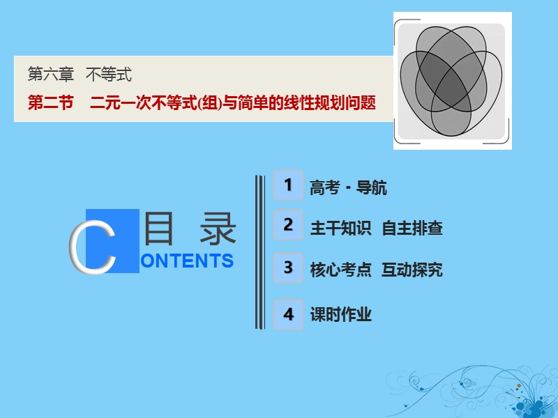 2019届高考数学一轮复习 第六章 不等式 第二节 二元一次不等式(组)与简单的线性规划问题课件.ppt_第1页