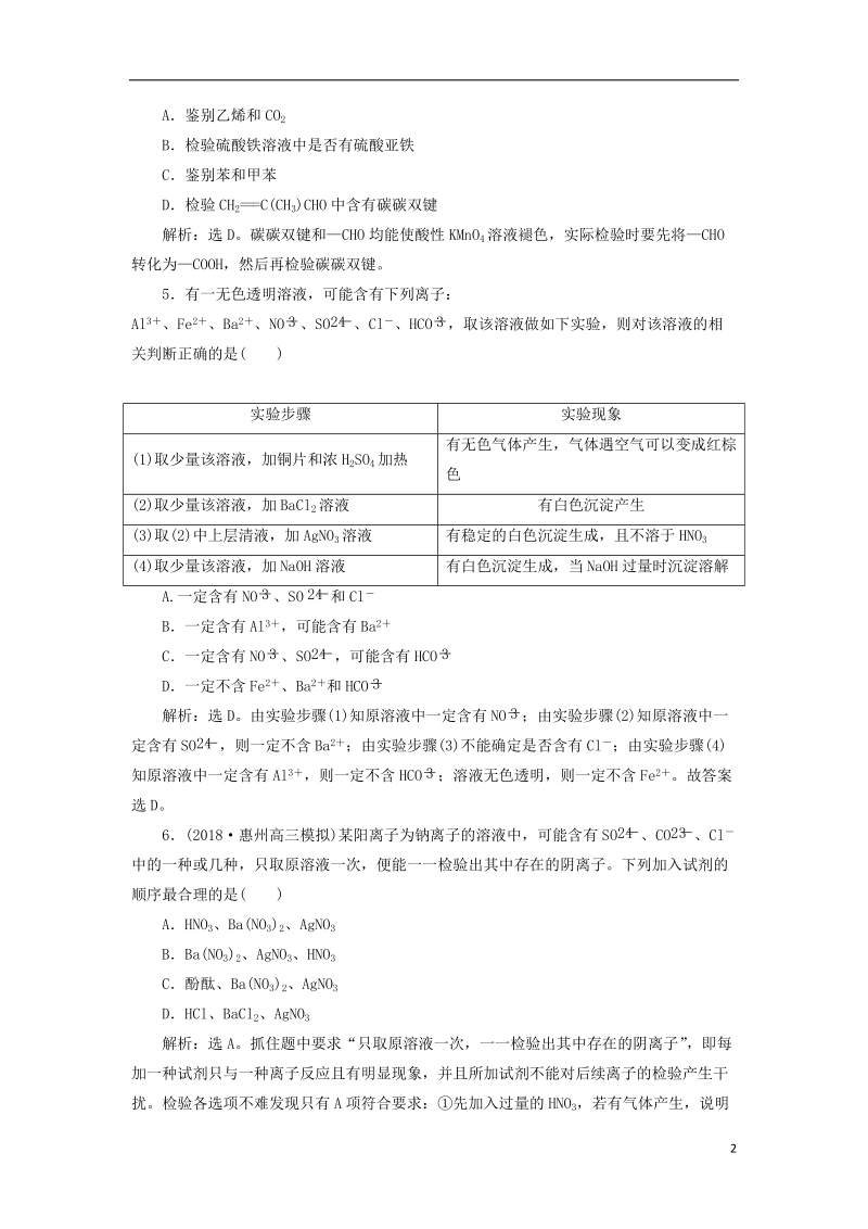 2019版高考化学一轮复习 第十章 化学实验 第一讲 常见物质的检验与鉴别课后达标训练.doc_第2页