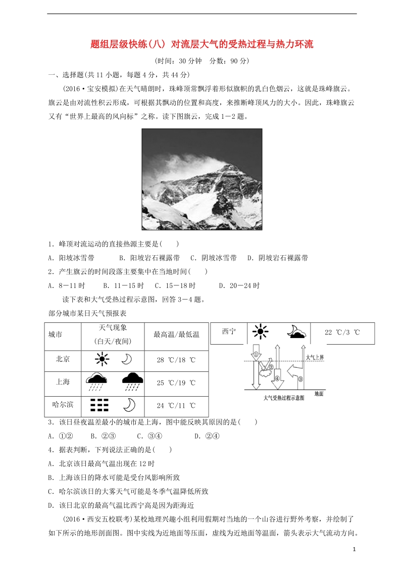 2018高考地理一轮复习 题组层级快练8 对流层大气的受热过程与热力环流.doc_第1页