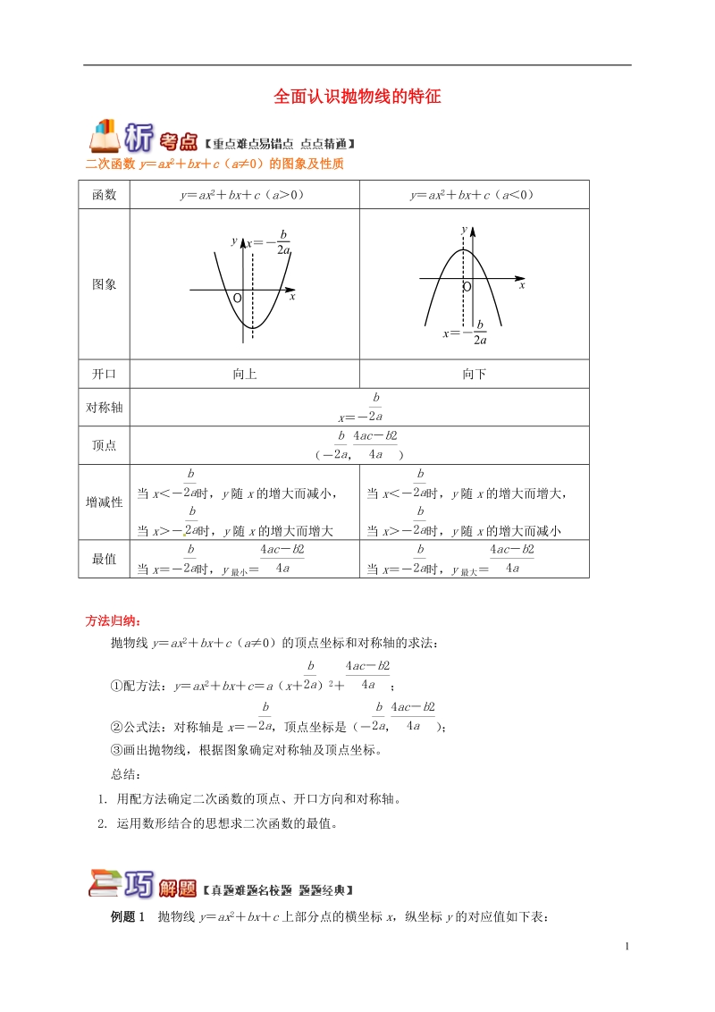 九年级数学下册 专题突破讲练 全面认识抛物线的特征试题 （新版）青岛版.doc_第1页