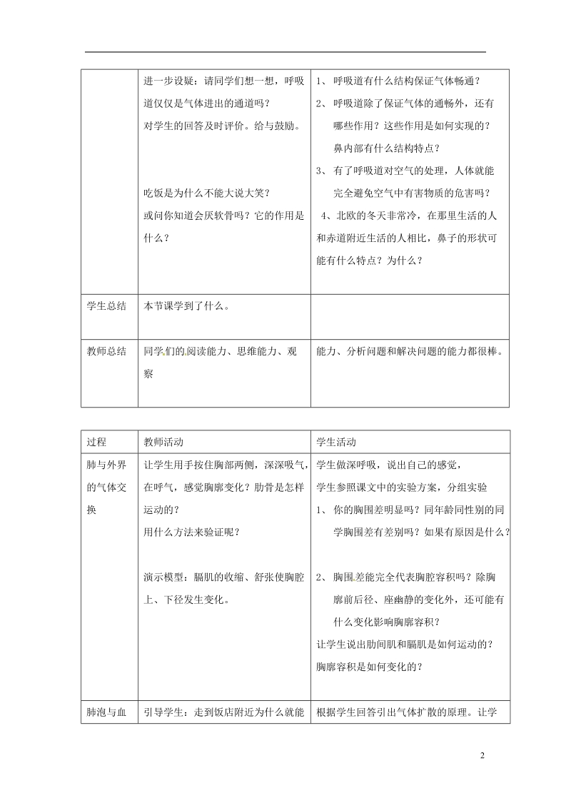 安徽省合肥市长丰县七年级生物下册4.3.2发生在肺内的气体交换教案2新版新人教版.doc_第2页