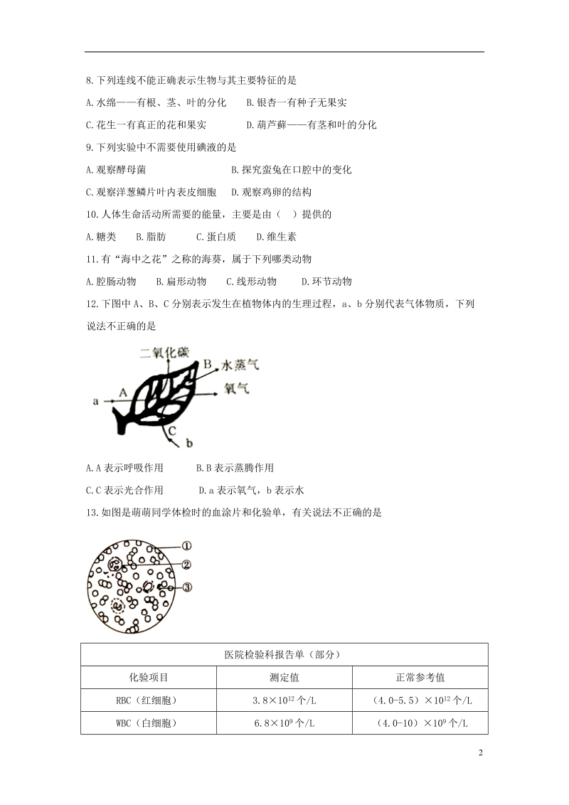 四川省凉山州2018年中考生物真题试题（无答案）.doc_第2页