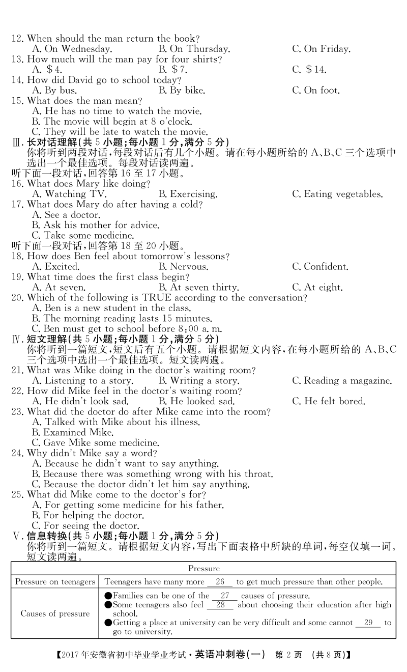 安徽省2017年初中英语学业水平考试冲刺卷1（pdf版）.pdf_第2页