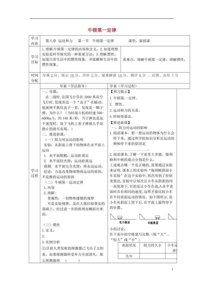 陕西省山阳县八年级物理下册8.1牛顿第一定律导学案1无答案新版新人教版.doc_第1页