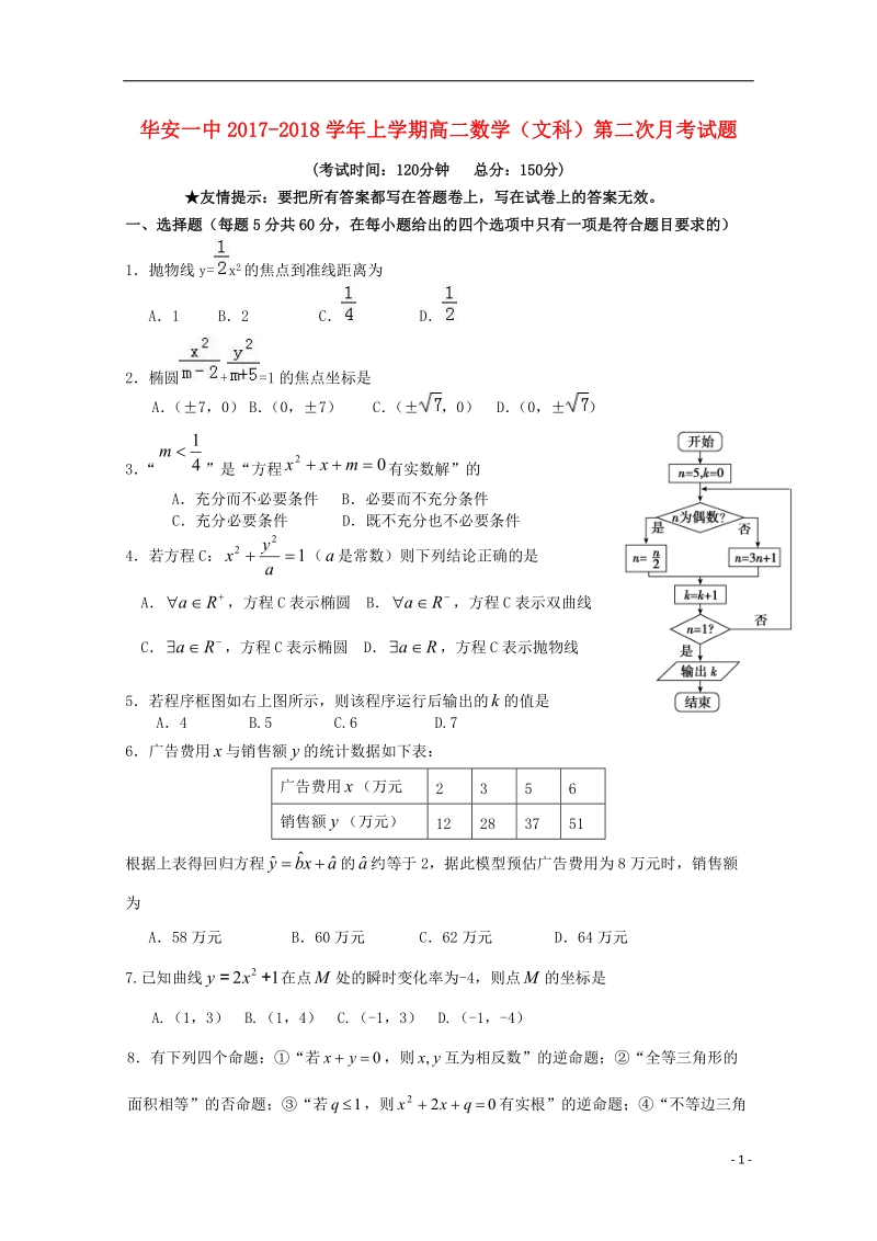 福建省华安县第一中学2017_2018学年高二数学上学期第二次月考12月试题文.doc_第1页