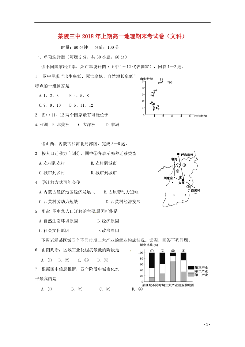 湖南省茶陵县第三中学2017_2018学年高一地理上学期期末考试试题文.doc_第1页