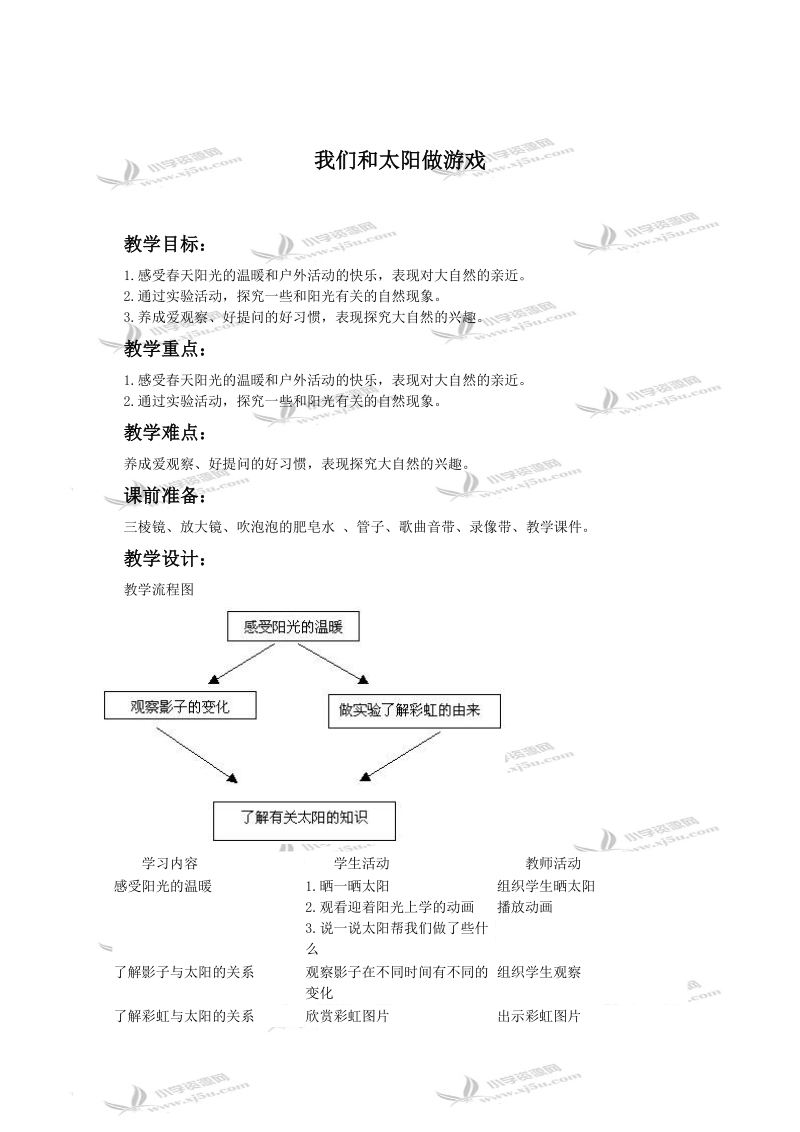 (人教新课标)一年级品德与生活下册教案 我和太阳做游戏.doc_第1页