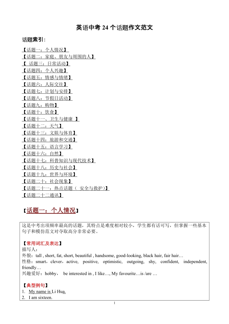 英语中考24个话题作文范文.doc_第1页