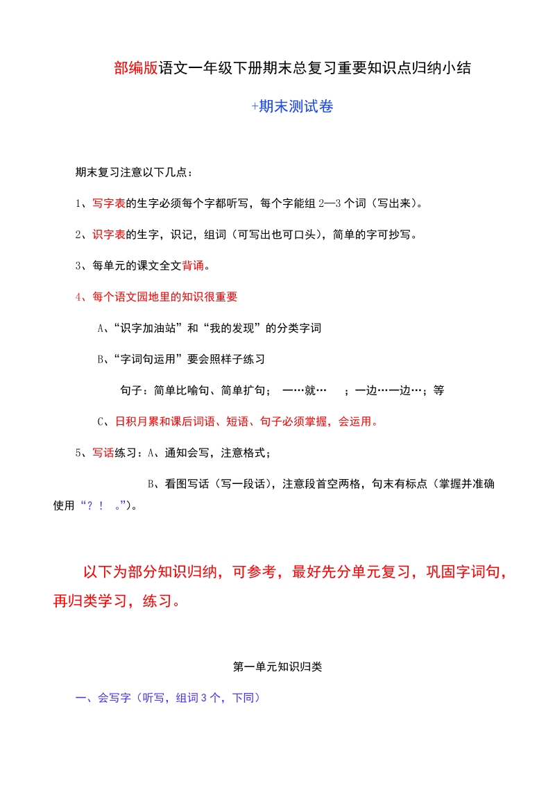 一年级下语文期末试题部编一年级语文下册期末总复习重要知识点归类小结+期末测试卷人教版（2016部编版）.docx_第1页