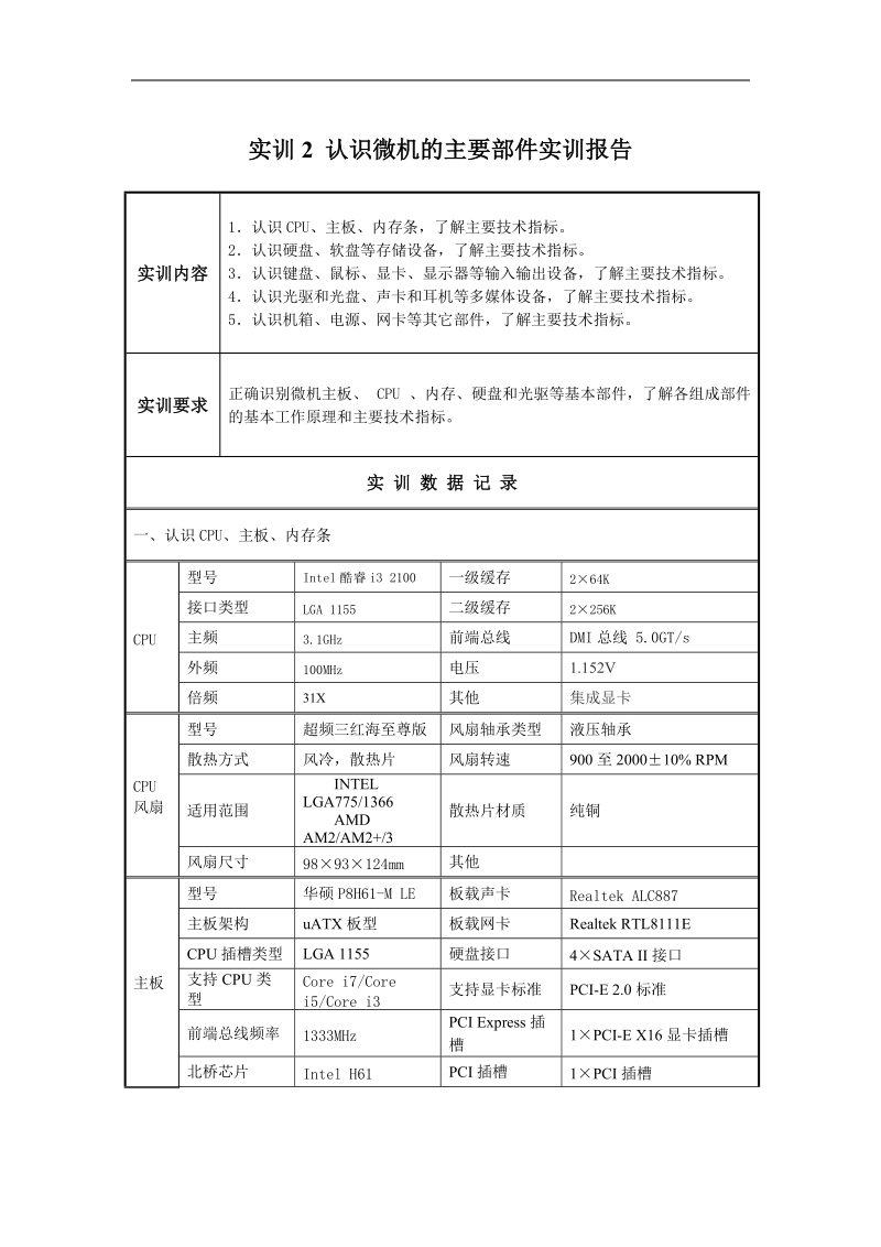 认识微机的主要部件实训报告.doc_第1页