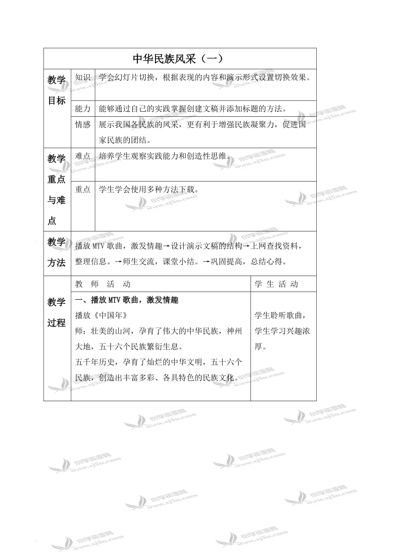 （冀教版）四年级信息技术下册教案 中华民族风采（一）.doc_第1页