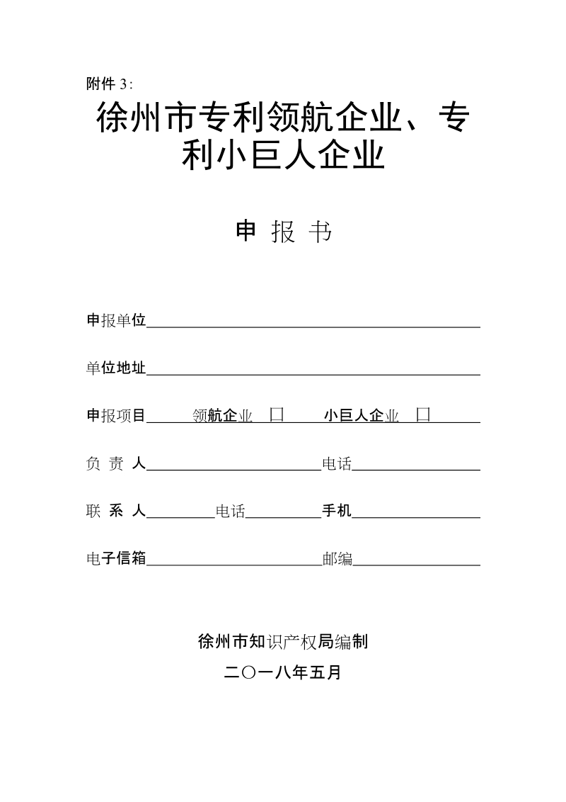 [2018年徐州市专利领航企业、专利小巨人企业申报书].docx_第1页