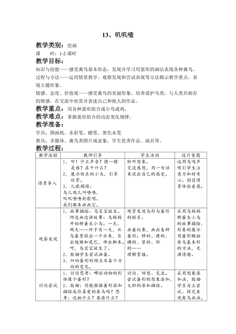 （沪教版）一年级美术上册教案 叽叽喳.doc_第1页