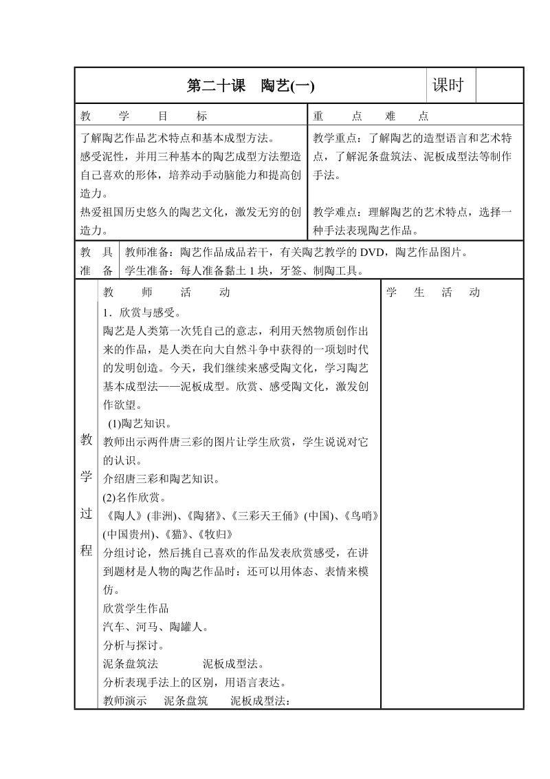 （苏少版）六年级美术下册教案 陶艺(一).doc_第1页