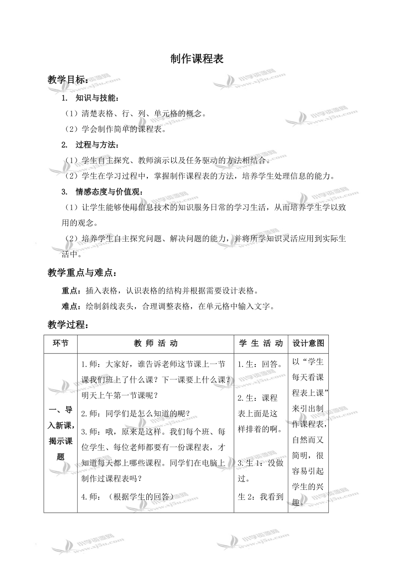 （苏科版）第二册信息技术教案 制作课程表 1.doc_第1页