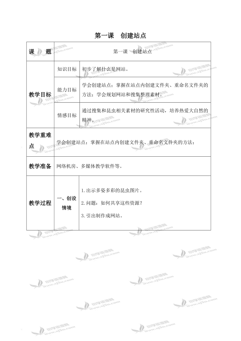 （青岛版）五年级信息技术下册教案 第一课 创建站点.doc_第1页