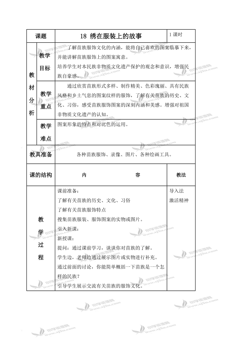 （人美版）六年级美术下册教案 绣在服装上的故事 1.doc_第1页