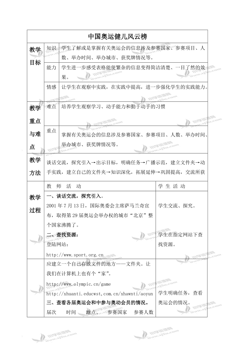 （冀教版）四年级信息技术上册教案 中国奥运健儿风云榜 1.doc_第1页