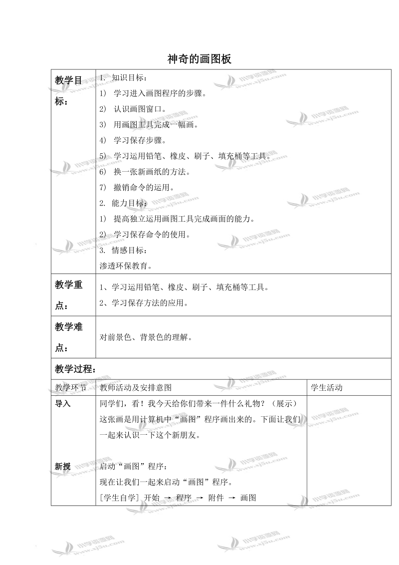 （清华版）第一册信息技术教案 神奇的画图板.doc_第1页