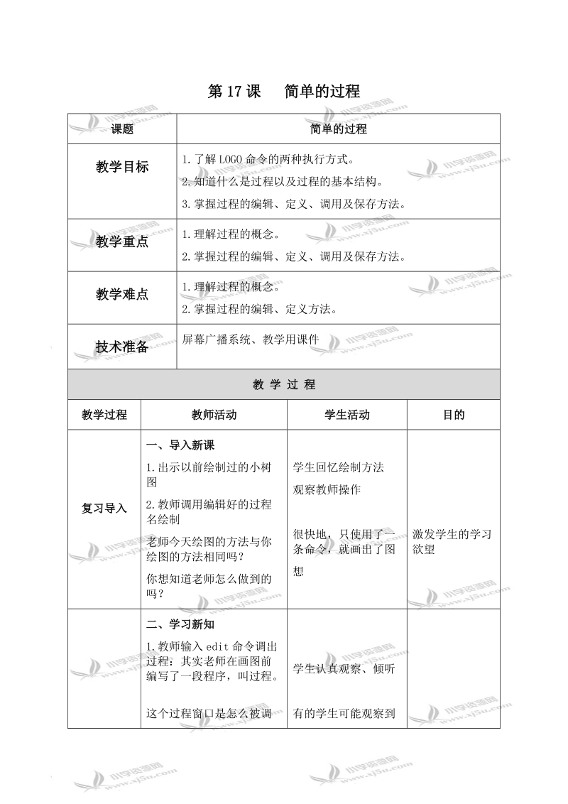 （北京版）第三册信息技术教案 第17课 简单的过程.doc_第1页