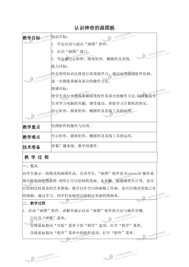 （北京版）第一册下信息技术教案 认识神奇的画图板.doc_第1页