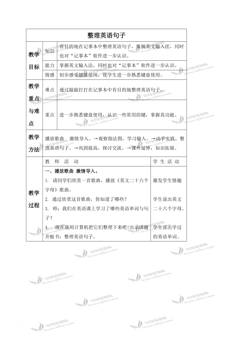 （冀教版）三年级信息技术上册教案 整理英语句子 2.doc_第1页