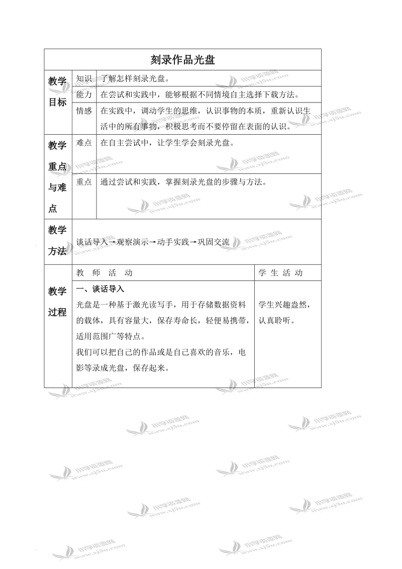 （冀教版）四年级信息技术下册教案 刻录作品光盘.doc_第1页