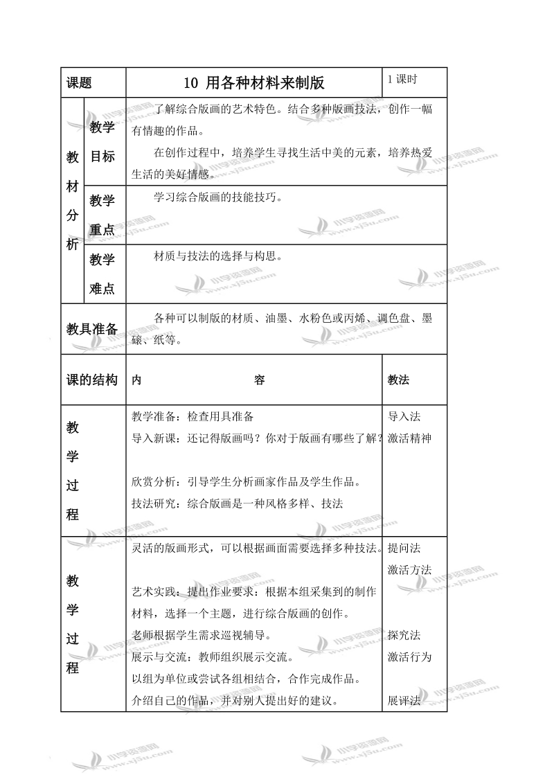 （人美版）六年级美术下册教案 用各种材料来制版 1.doc_第1页