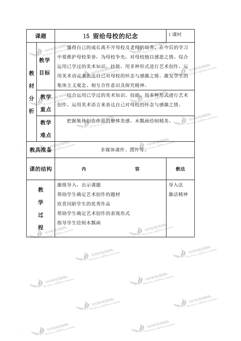 （人美版）六年级美术下册教案 留给母校的纪念 1.doc_第1页