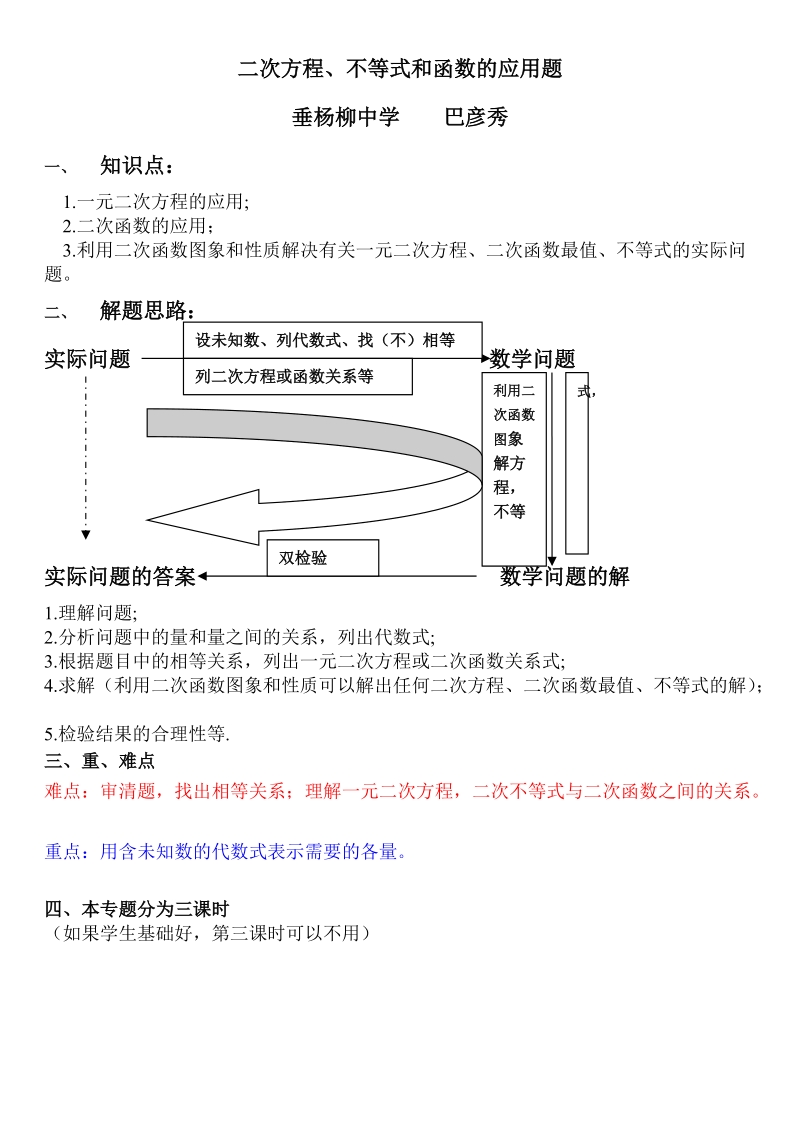 垂杨柳中学二次方程、不等式和函数应用题复习专题.doc_第1页