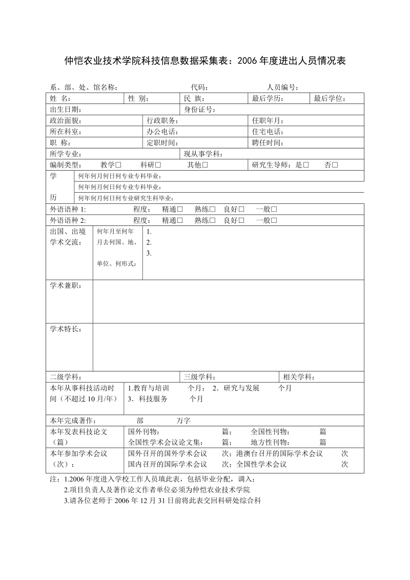 仲恺农业技术学院科技信息数据采集表1：2006年度人员出入情况表.doc_第1页