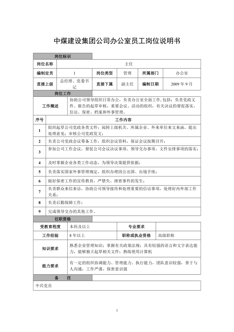 中煤建设集团公司办公室员工岗位说明书.doc_第1页