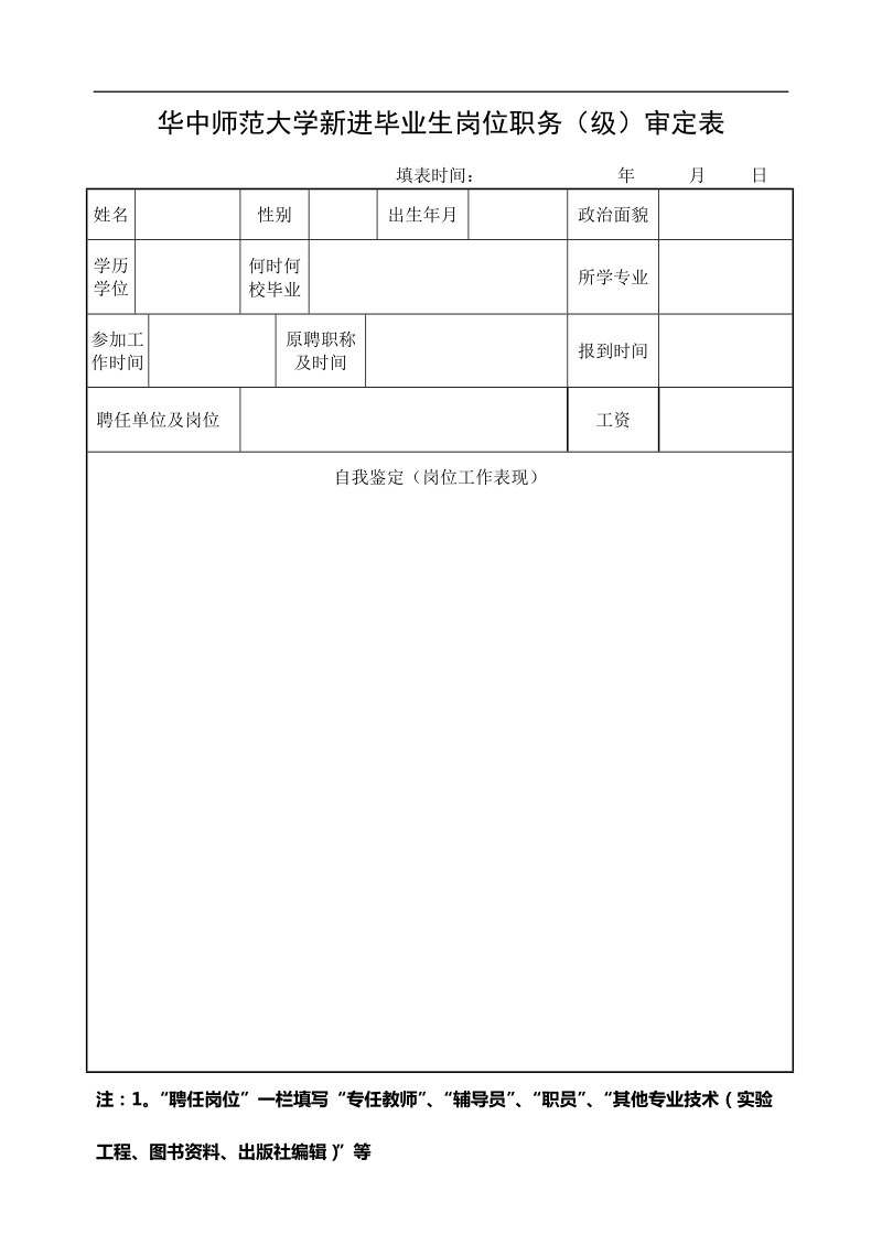 华中师范大学新进毕业生岗位定级考核表.doc_第1页