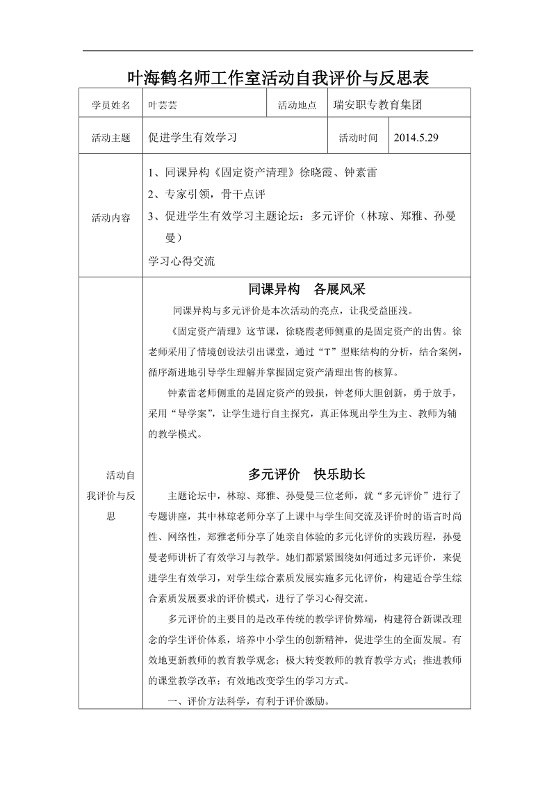 叶海鹤名师工作室活动自我评价与反思表.doc_第1页