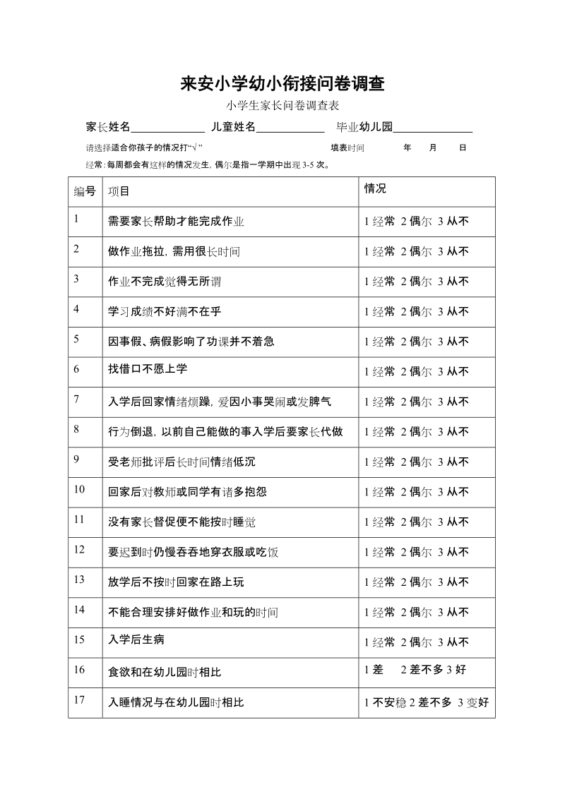 来安小学幼小衔接问卷调查表.doc_第1页