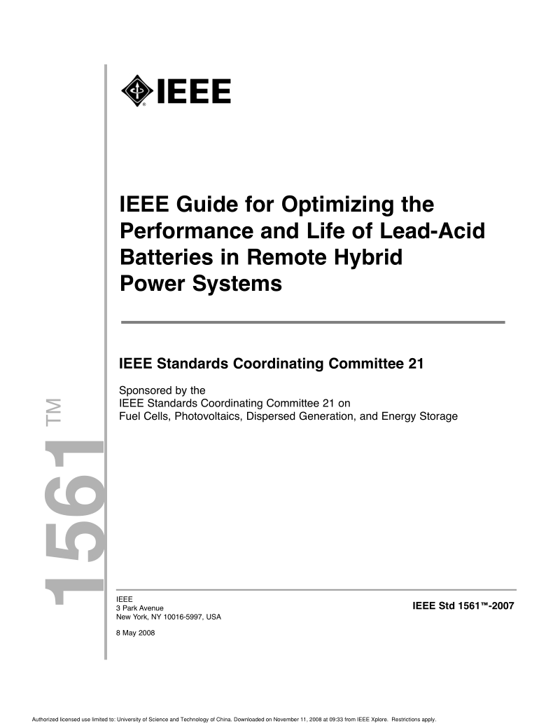 IEEE 1561-2007 远程混合电力系统中酸性铅蓄电池的性能和寿命的优化用指南.pdf_第1页