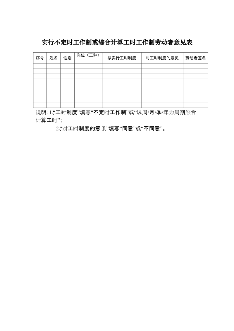 实行不定时工作制或综合计算工时工作制劳动者意见表.doc_第1页