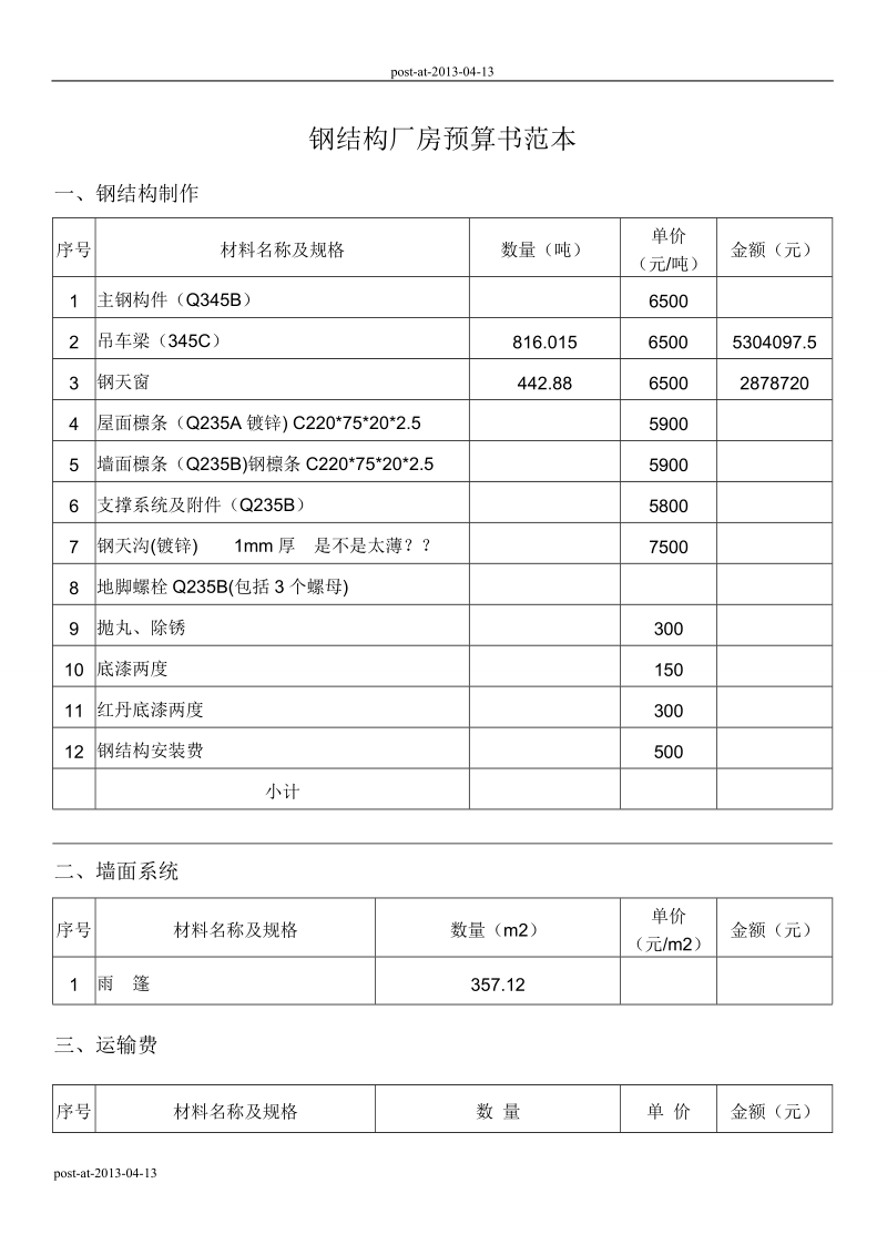 钢结构厂房预算书范本.doc_第1页