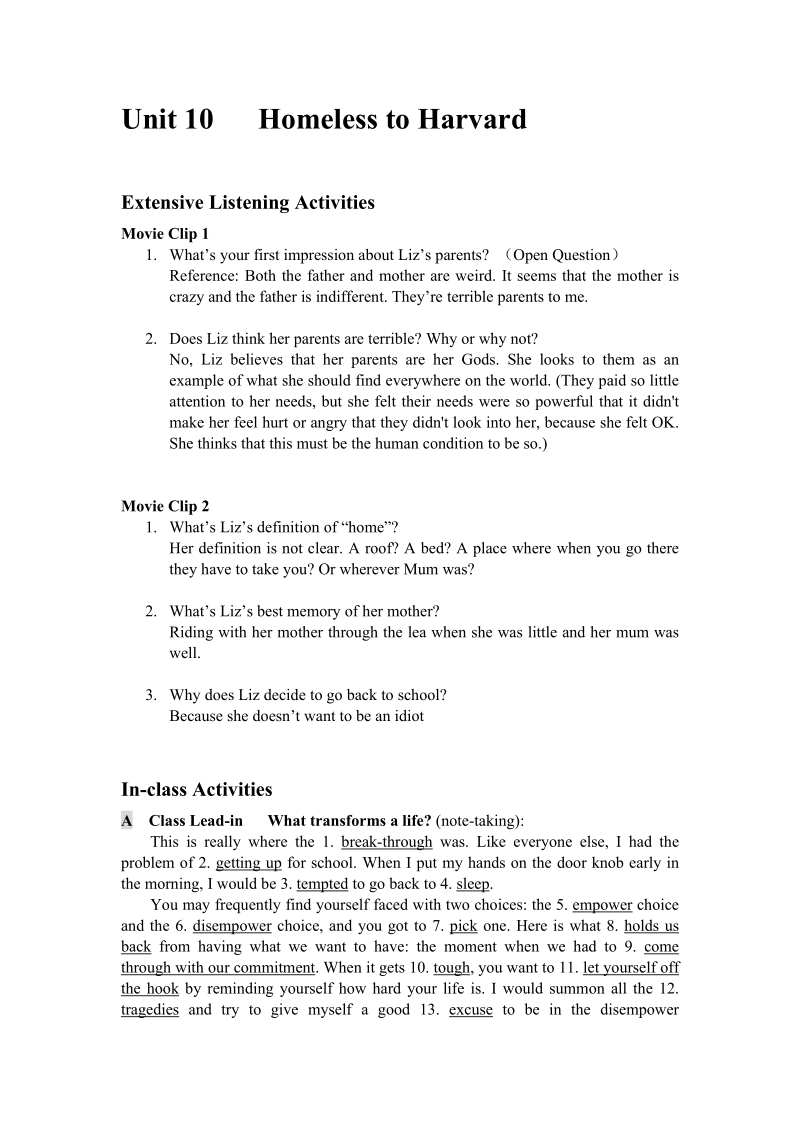 Keytoexercises(Unit10HomelesstoHarvard).doc_第1页