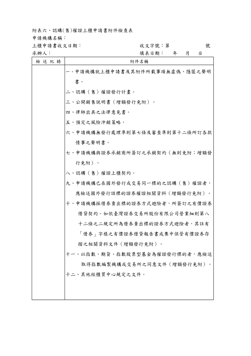 附表六、认购（售）权证上柜申请书附件检查表.doc_第1页